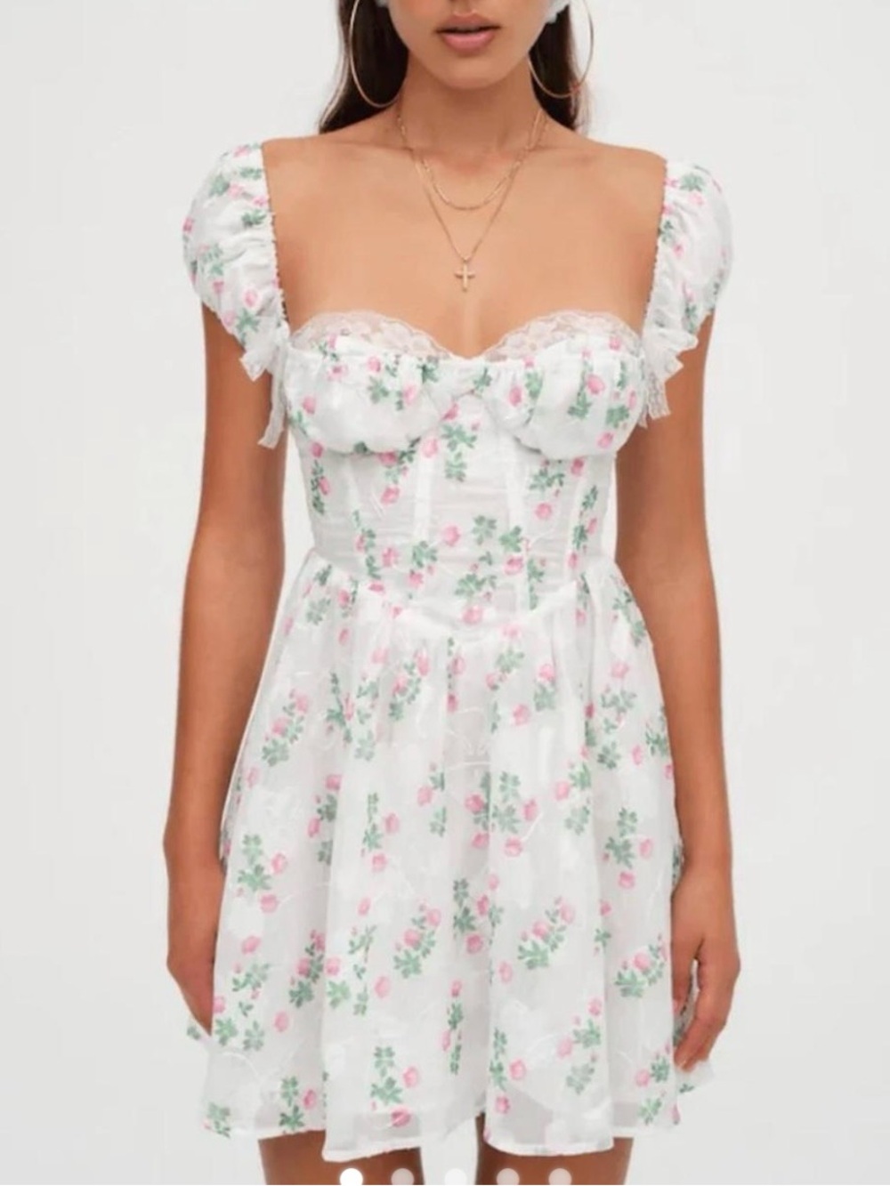 For Love & Lemons White Floral Puff-Sleeve Mini Dress with Pink Roses
